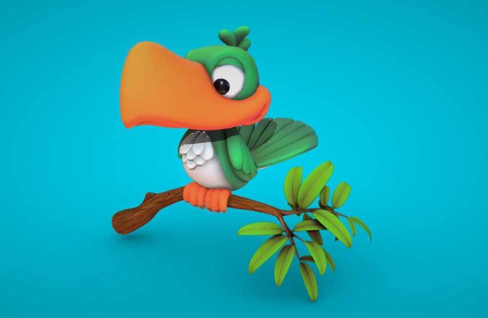 树枝上的绿色卡通啄木鸟3d模型插图1