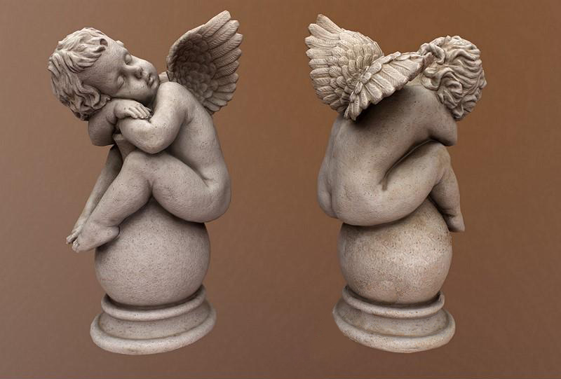 靠在瓶子睡着的小天使雕像3d模型插图