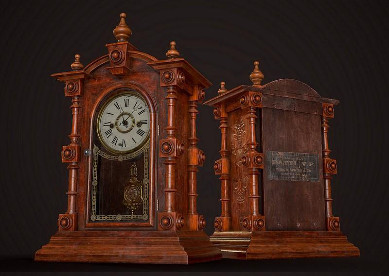 欧式仿古木质古董钟老式复古钟表3d模型插图