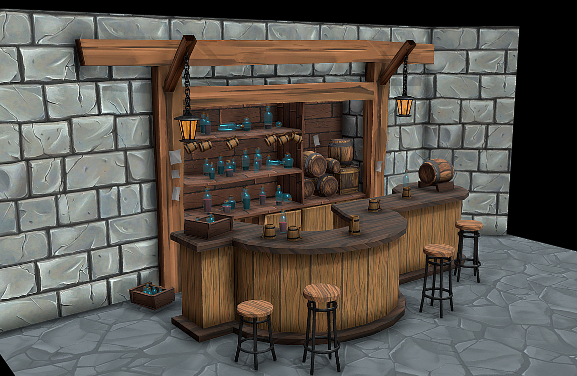 中世纪酒吧吧台室内场景手绘模型插图1