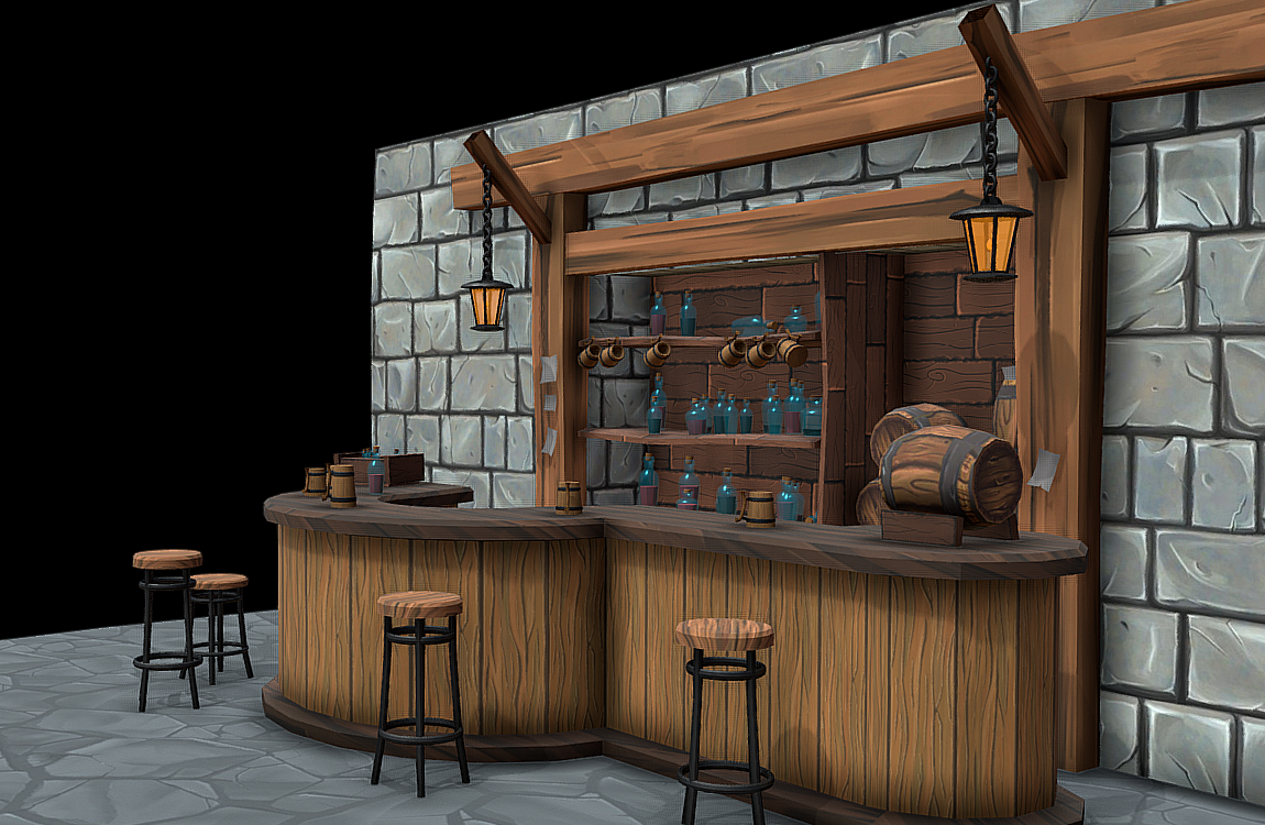中世纪酒吧吧台室内场景手绘模型插图2