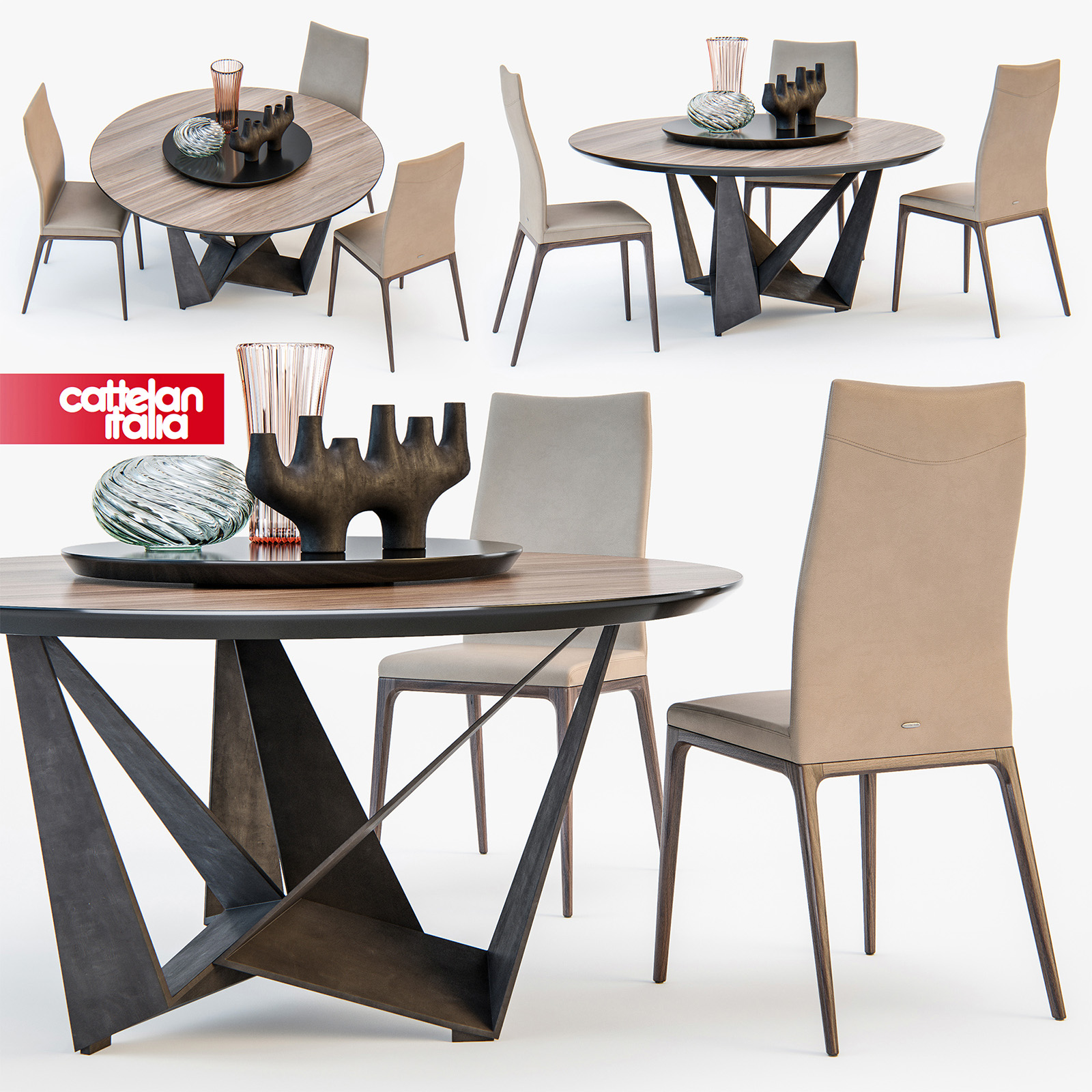 圆形咖啡桌旋转餐桌休闲椅子组合3d模型插图