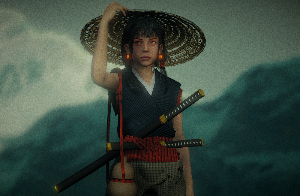 睡莲中的灯笼女孩日本武士3d模型插图1