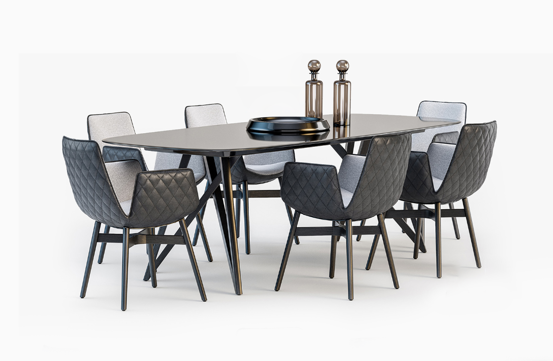 深色玻璃餐桌黑色皮椅咖啡厅桌椅3d模型插图