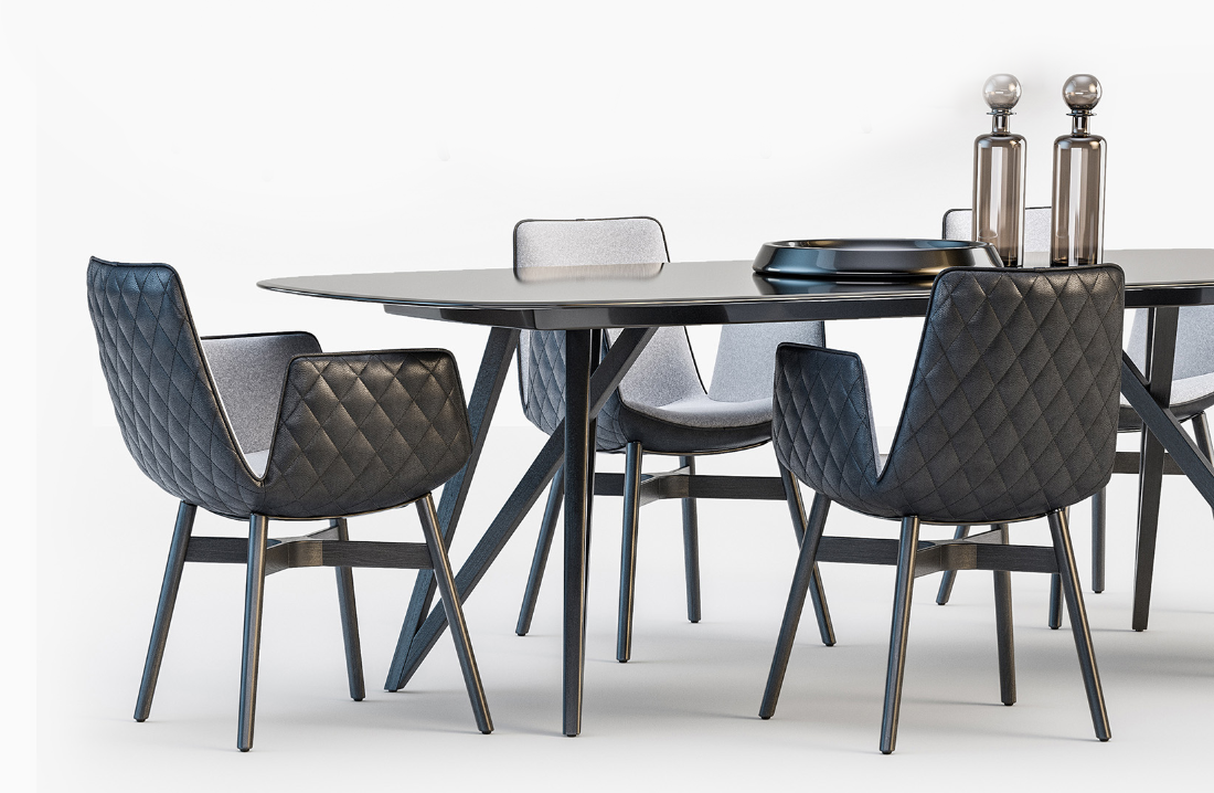 深色玻璃餐桌黑色皮椅咖啡厅桌椅3d模型插图1
