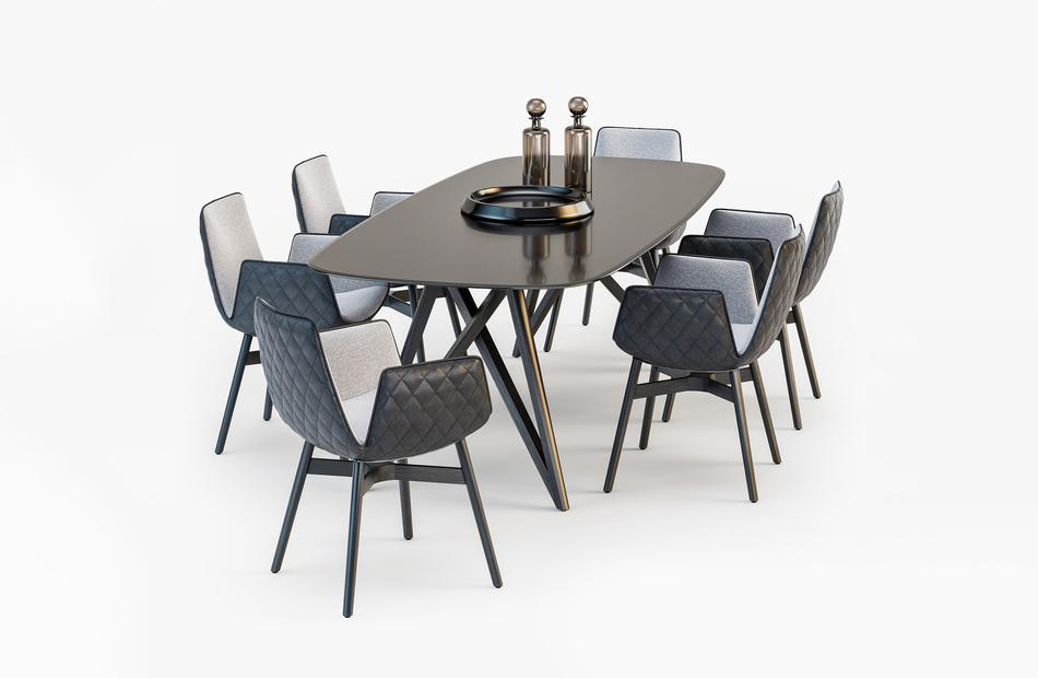 深色玻璃餐桌黑色皮椅咖啡厅桌椅3d模型插图2