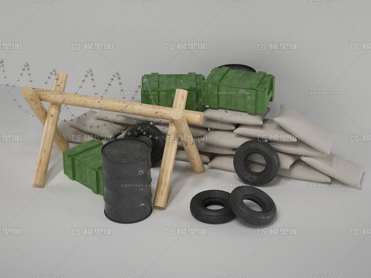 现代风格油桶路障轮胎铁丝网游戏场景战争场景3D模型插图