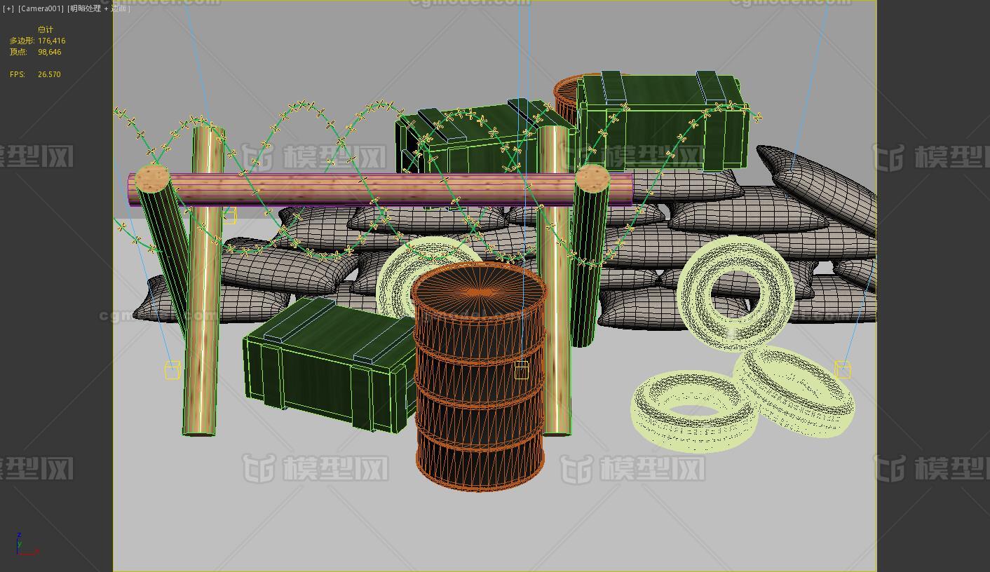 现代风格油桶路障轮胎铁丝网游戏场景战争场景3D模型插图1