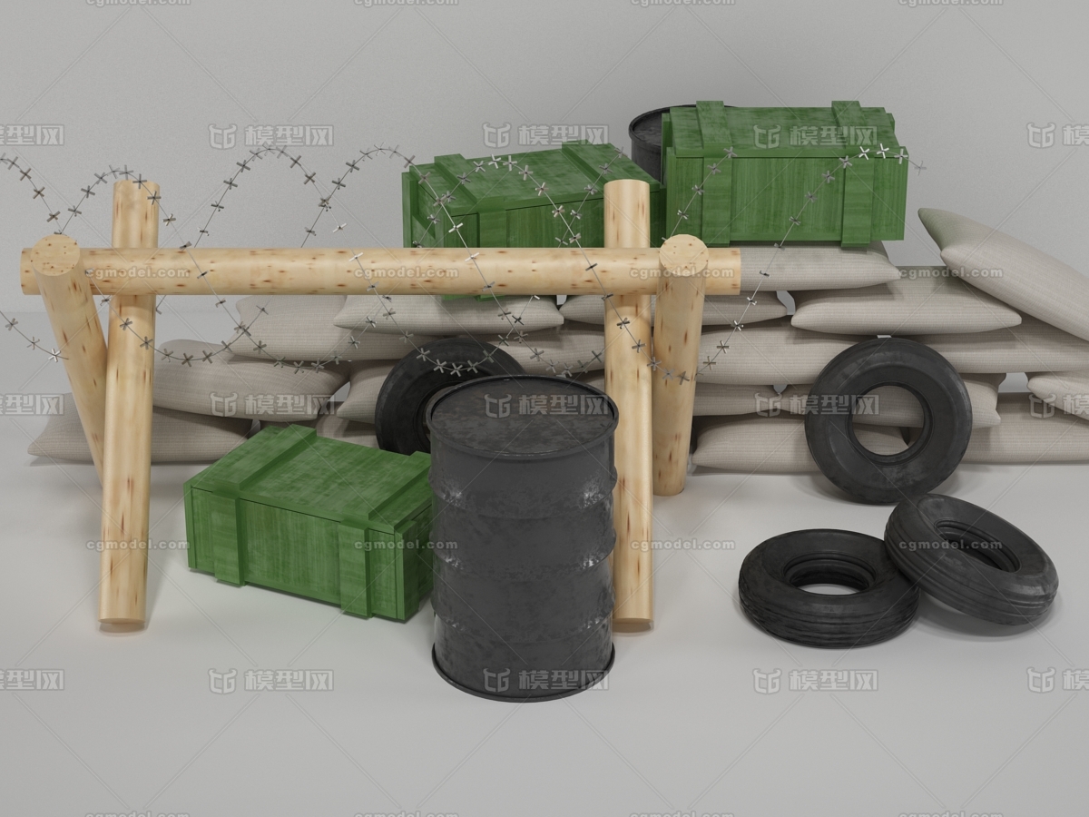 现代风格油桶路障轮胎铁丝网游戏场景战争场景3D模型插图2