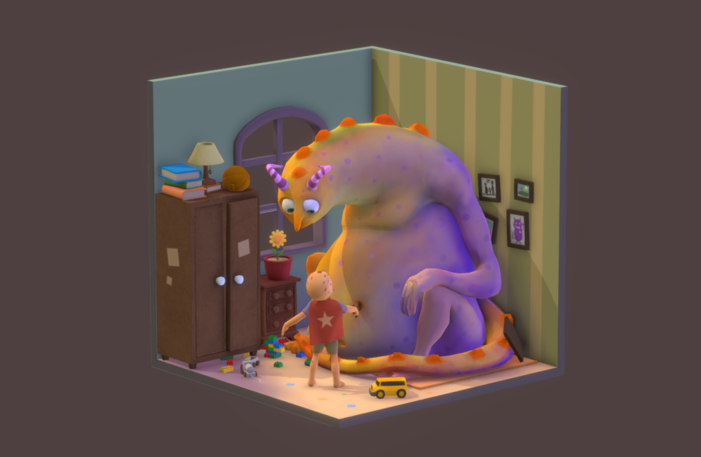 男孩大战怪物恐龙房间室内手绘场景模型下载插图
