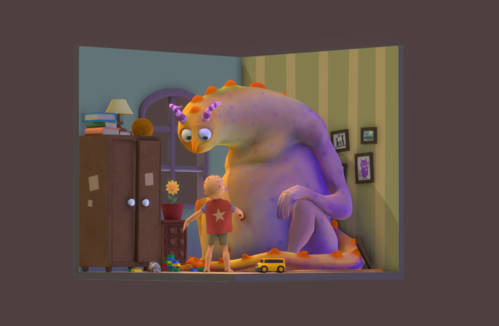 男孩大战怪物恐龙房间室内手绘场景模型下载插图1
