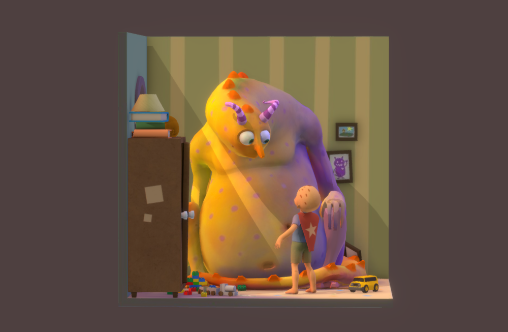 男孩大战怪物恐龙房间室内手绘场景模型下载插图3