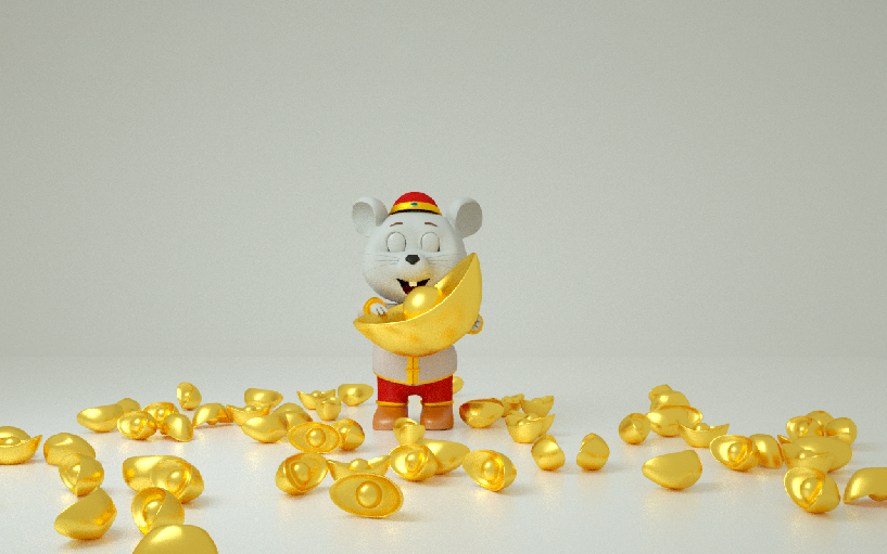 2020鼠年拜年的老鼠抱金元宝卡通鼠C4D新年春节场景模型插图