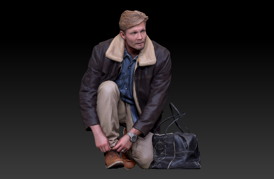 跪地系鞋带的男人Andrew拎包的男士3d扫描写实人物模型下载插图
