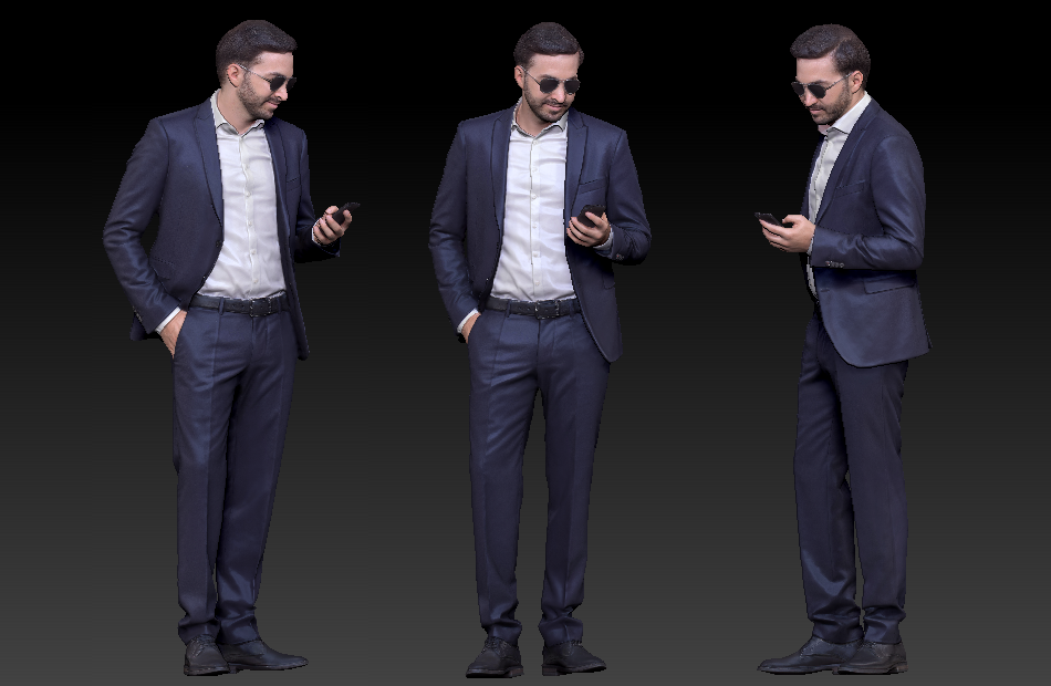 戴墨镜穿西装看手机的男人3d写实人物模型下载插图