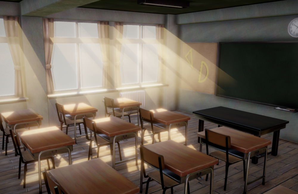 阳光下教室课堂课桌唯美室内场景fbx模型下载插图