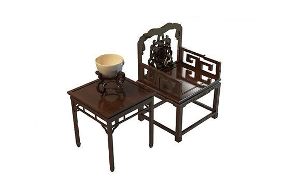 中式棕木桌椅组合_单人桌椅组合_雕花桌椅组合3d家具模型下载插图
