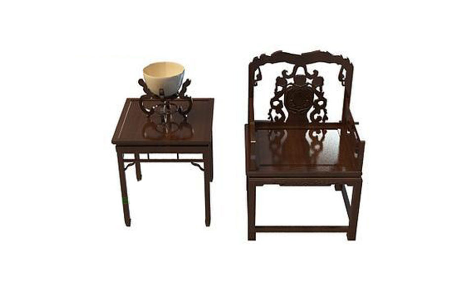 中式棕木桌椅组合_单人桌椅组合_雕花桌椅组合3d家具模型下载插图1