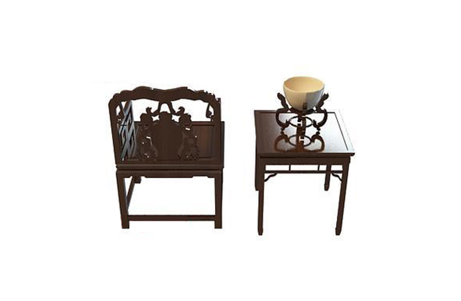 中式棕木桌椅组合_单人桌椅组合_雕花桌椅组合3d家具模型下载插图4