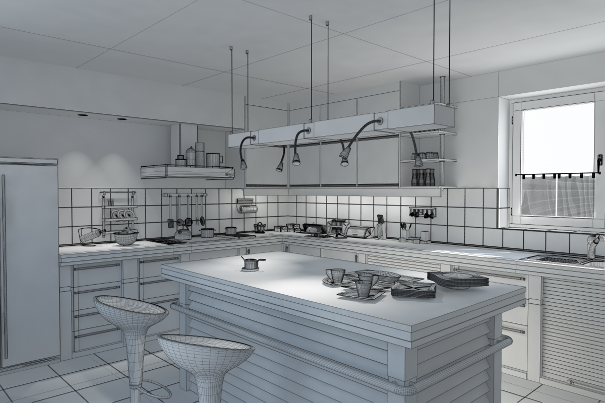 蓝色调现代厨房开放式厨房室内设计3d模型下载插图1