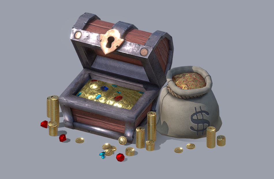 宝箱、钱袋、金币、钻石低多边形模型下载插图1