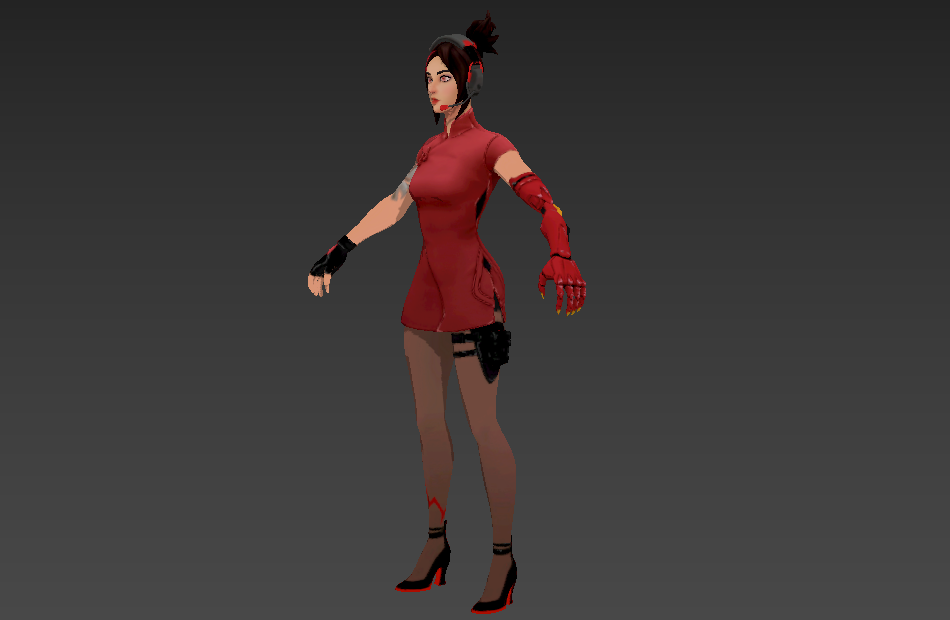 中式红色旗袍性感美女-堡垒之夜游戏角色模型下载插图3