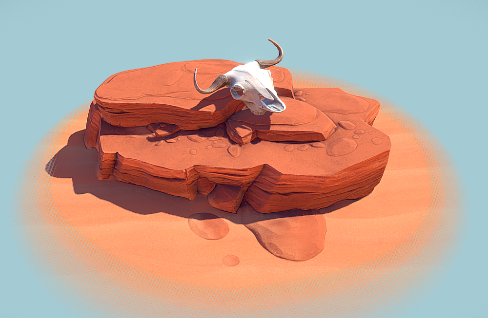沙漠戈壁滩岩石上的水牛头骨fbx模型下载插图