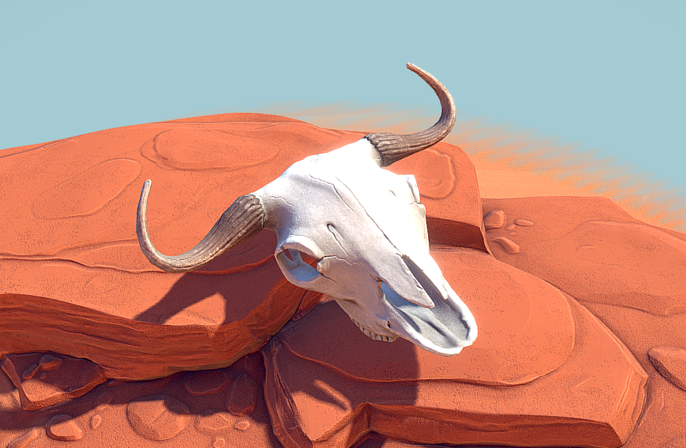 沙漠戈壁滩岩石上的水牛头骨fbx模型下载插图1