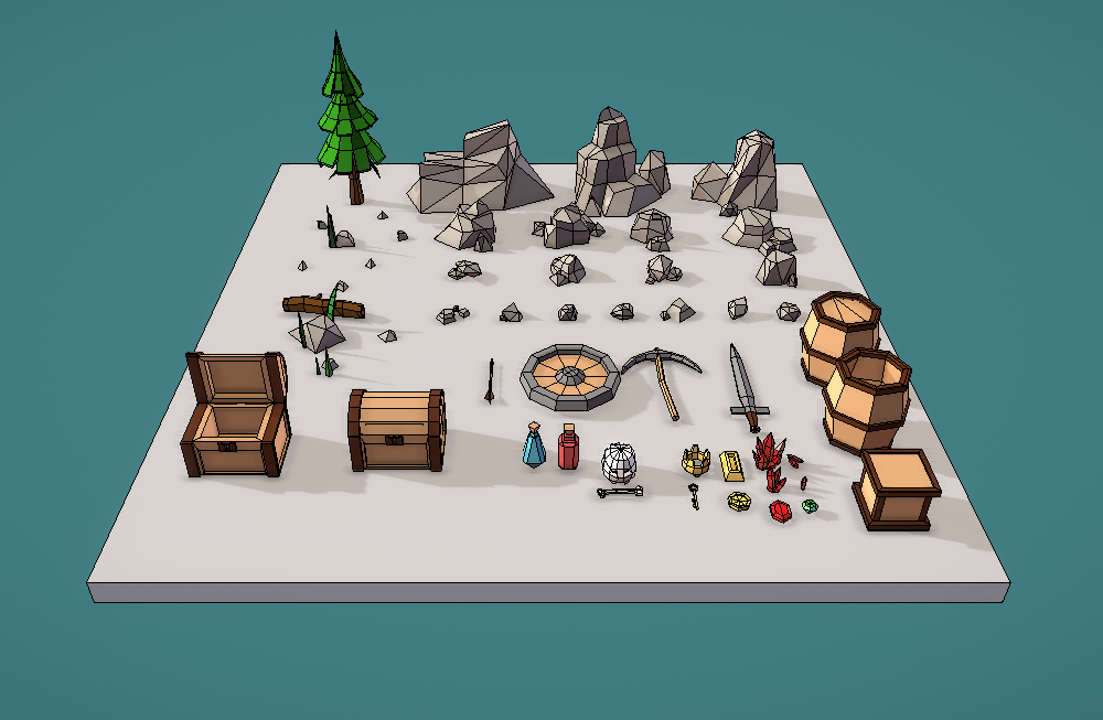 lowpoly石头、宝藏、宝箱、武器、RPG道具包模型下载插图1