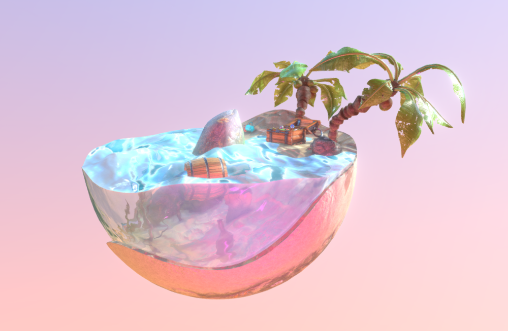 小岛宝藏宝箱椰子树海岛石头酒桶宝藏岛fbx模型插图