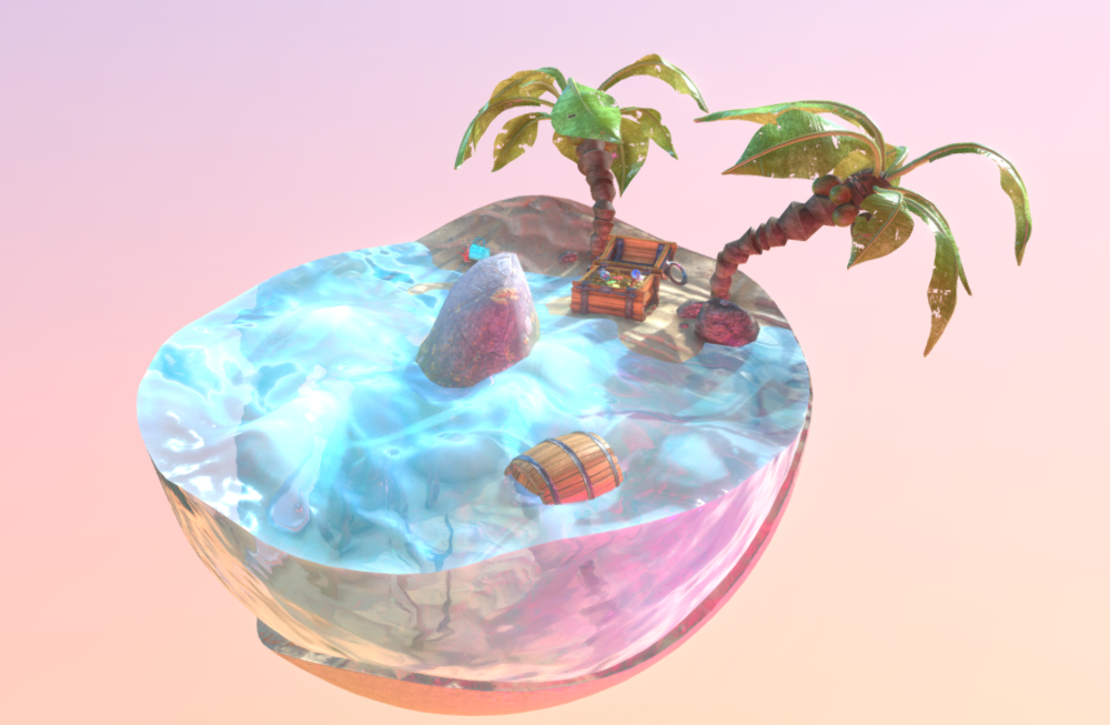 小岛宝藏宝箱椰子树海岛石头酒桶宝藏岛fbx模型插图1