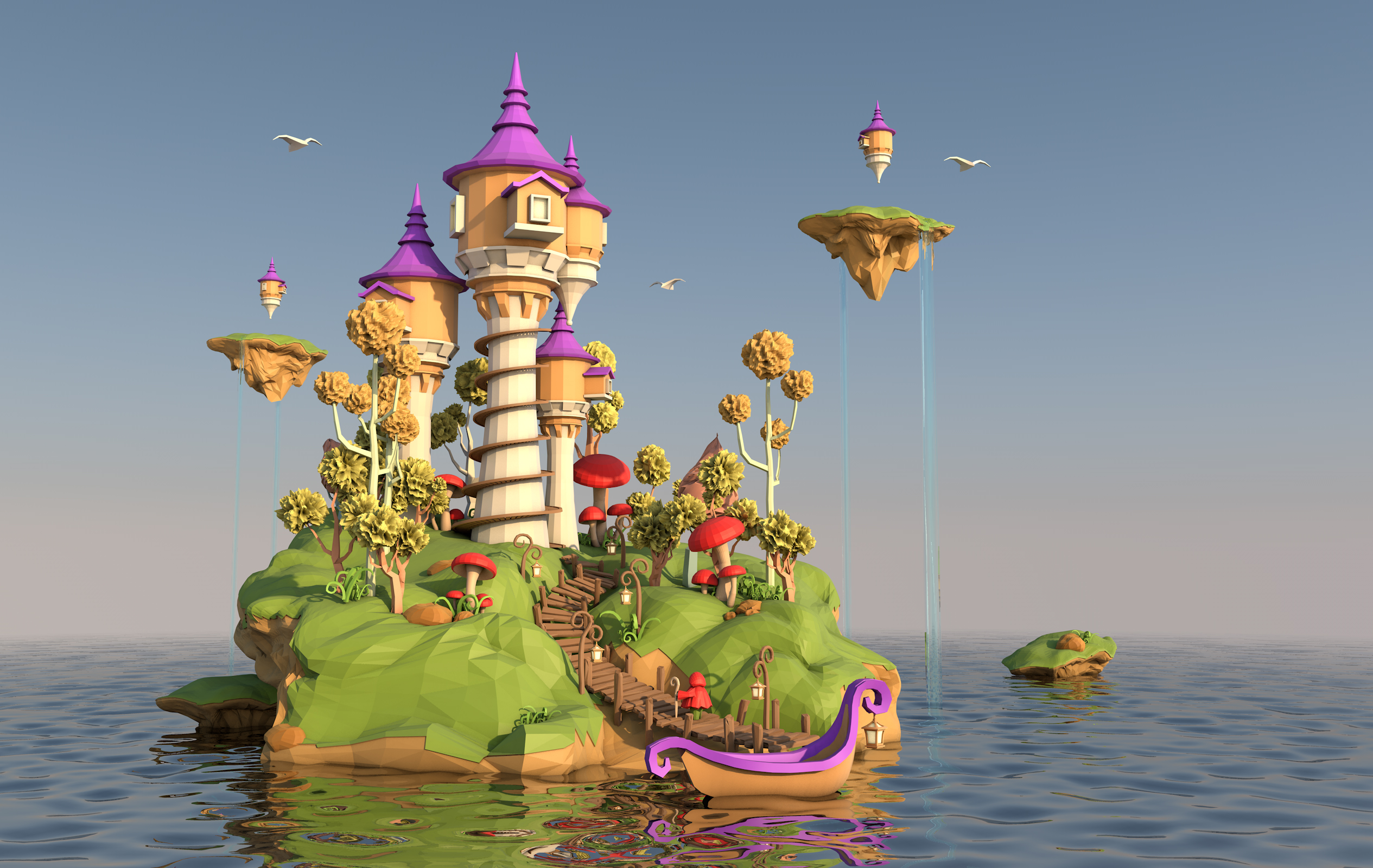 低多边形海上城堡海岛空中城堡C4D梦幻场景模型下载插图