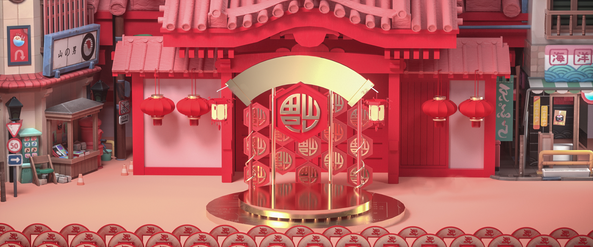 新年装饰春节场景中式建筑C4D模型插图