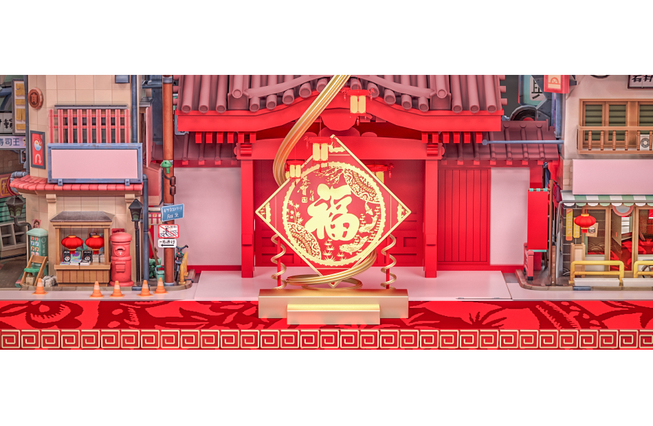 春节新年装饰街道建筑场景C4D模型下载插图
