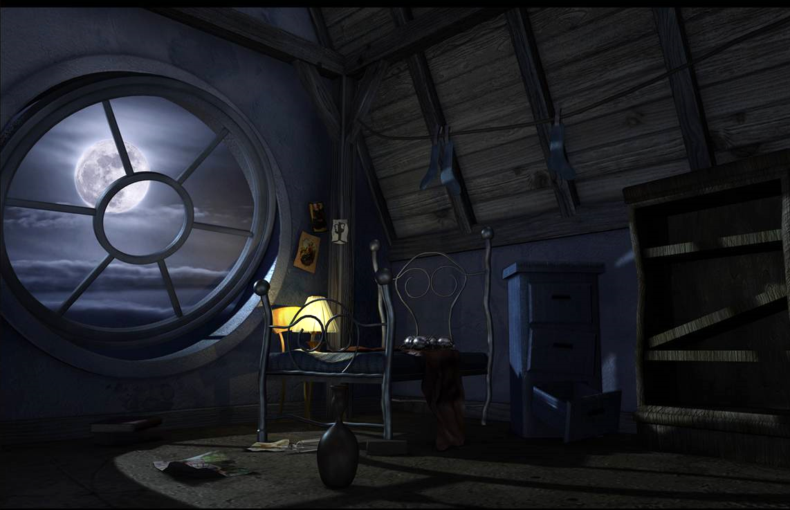 月光下阴森恐怖的阁楼室内场景maya模型下载插图