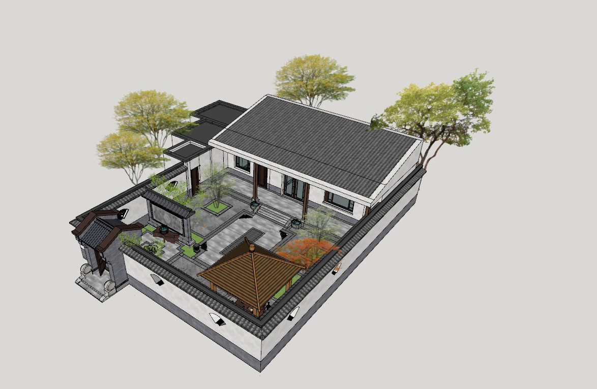 中式四合院庭院古建筑效果图su模型下载插图