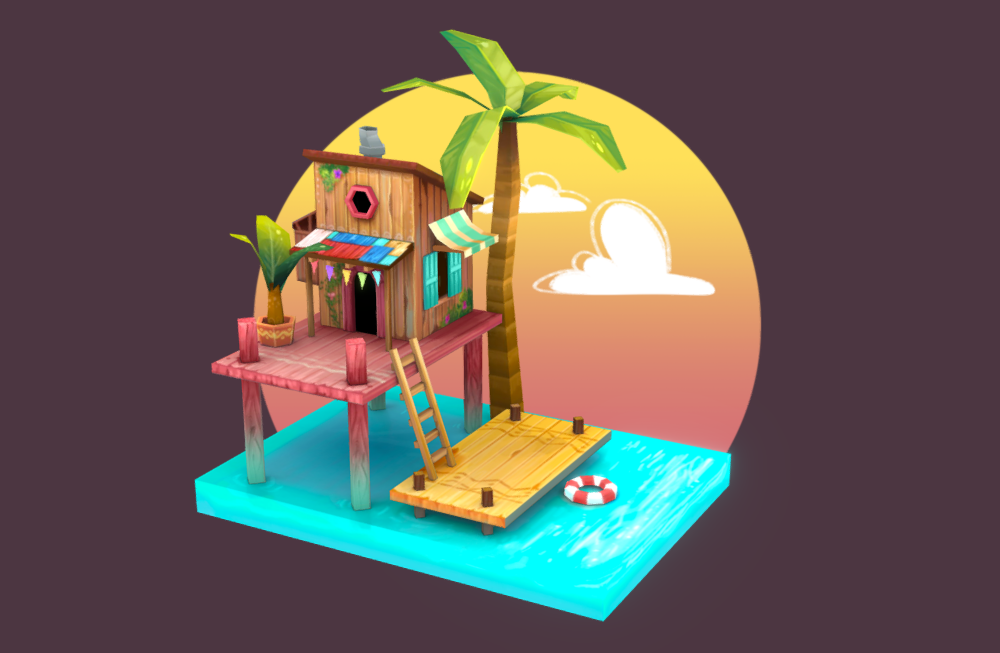 夏季日落海岛房子木屋椰子树海滩fbx场景模型下载插图
