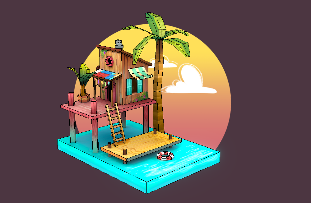 夏季日落海岛房子木屋椰子树海滩fbx场景模型下载插图1