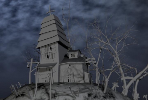 山坡上的鬼屋墓场恐怖木屋maya模型下载插图