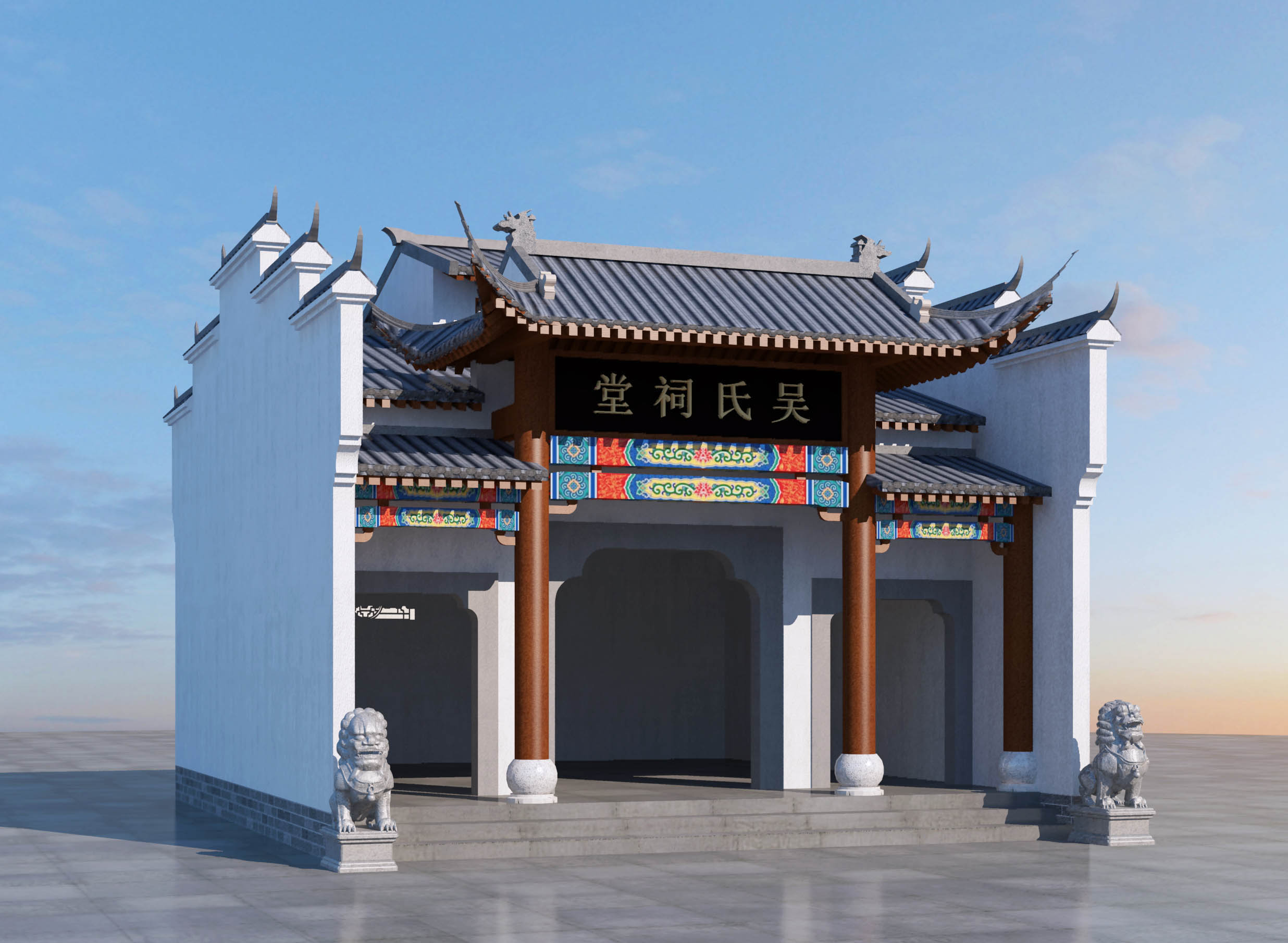 中式古建祠堂，马头墙，大门，门头，石狮子插图