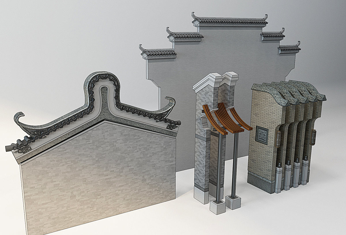 中式徽派马头墙构件门头中式建筑3d模型下载插图