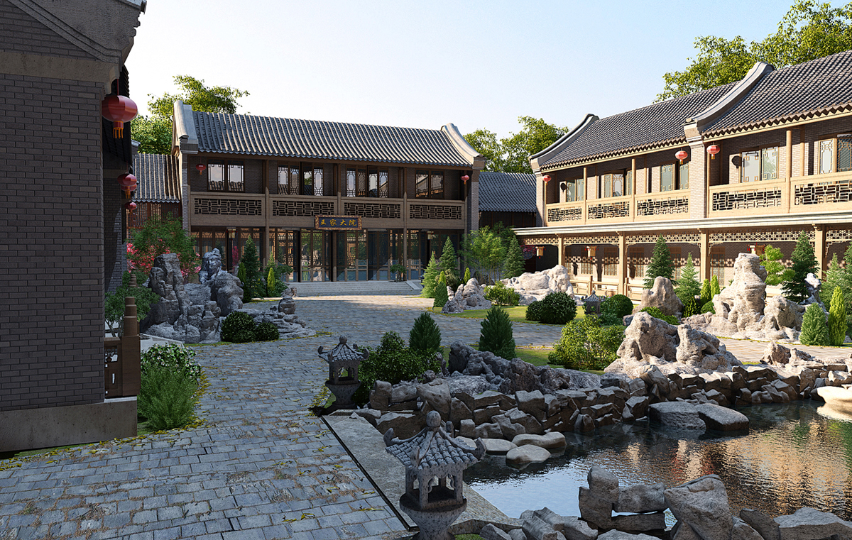 中式四合院古建园林景观水景太湖假山石头石灯模型插图