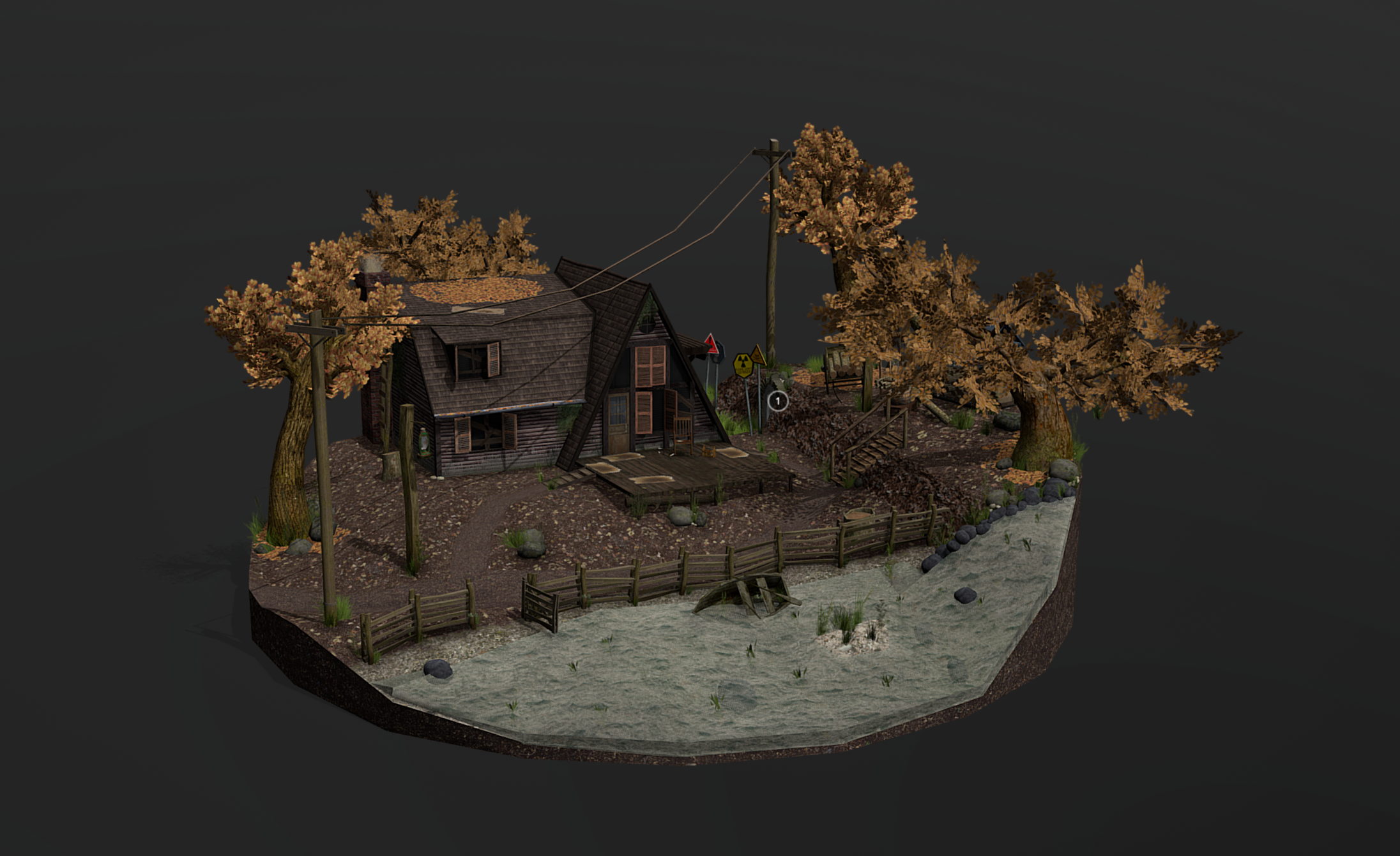秋季森林木屋电线杆房子树围栏自然场景模型插图