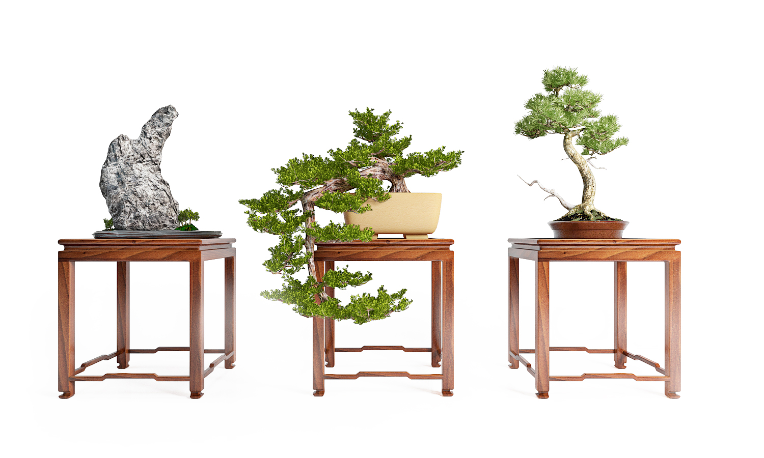 中式盆景植物中式桌台假山景观模型插图