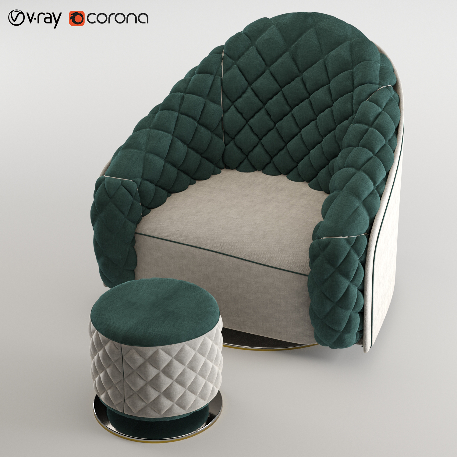 绿色单椅沙发脚凳家具组合模型插图2
