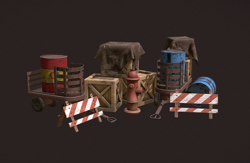 油桶推车护栏消防栓水管木箱建筑道具游戏模型下载插图