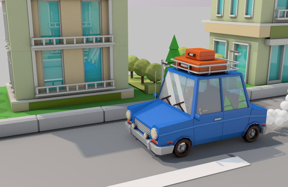 可爱卡通汽车旅行小场景模型插图