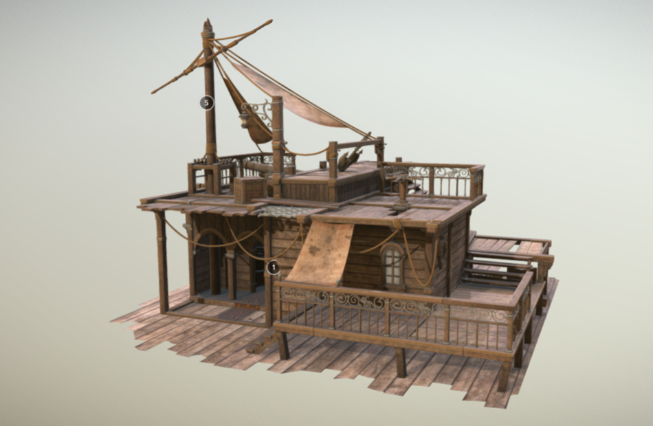 破旧的海盗船桅杆木屋旧船零件3d模型下载插图