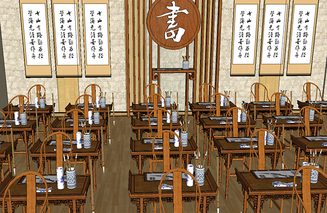 中式古典教室仿古建筑书法教室课堂室内SU模型插图1