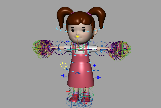 砰砰跳跳的红裙子小女孩maya绑定模型，有动画插图